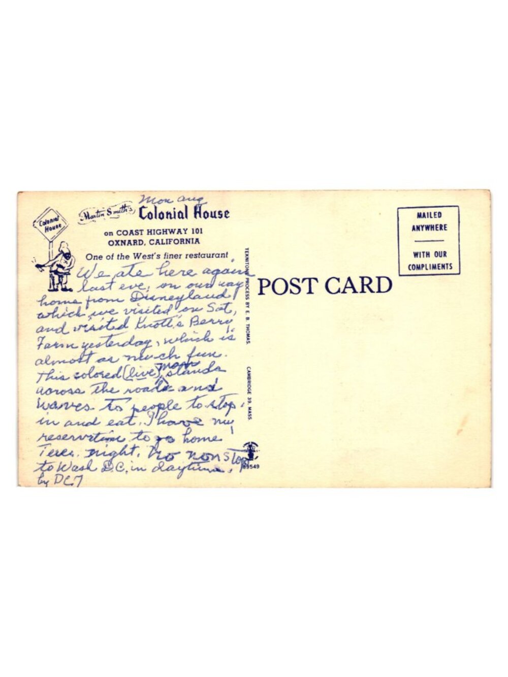 Martin Smiths Colonial House Oxnard California Vintage Linen Postcard Restaurant - Picture 2 of 2